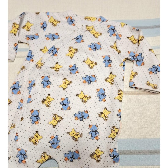 Бебешки памучен гащеризон в бяло с жълти и сини мечета