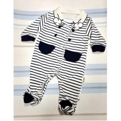 Бебешки гащеризон  в бяло и синьо райе с якичка и СЛОНЧЕТА