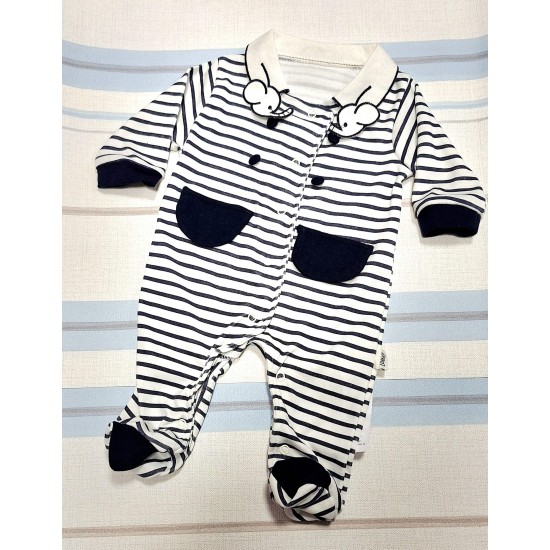 Бебешки гащеризон  в бяло и синьо райе с якичка и СЛОНЧЕТА