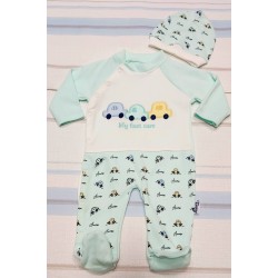 Бебешки памучен гащеризон в бяло и зелено КОЛИЧКИ