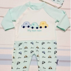 Бебешки памучен гащеризон в бяло и зелено КОЛИЧКИ