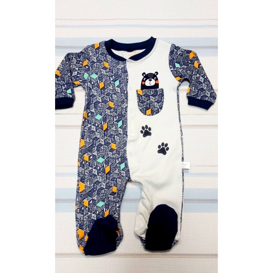 Бебешки памучен гащеризон в бяло и тъмносиньо МЕЧОК