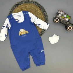 Бебешки комплект от гащеризон,боди и чорапки в синьо КОЛИЧКИ Бебешки комплект от гащеризон,боди и чорапки в синьо КОЛИЧКИ