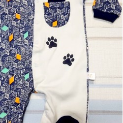 Бебешки памучен гащеризон в бяло и тъмносиньо МЕЧОК