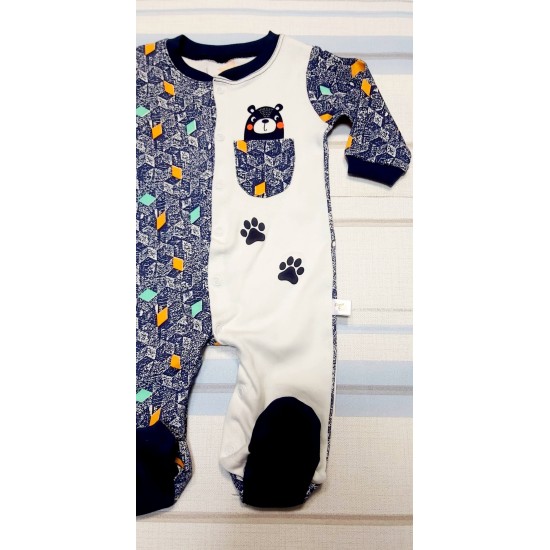 Бебешки памучен гащеризон в бяло и тъмносиньо МЕЧОК