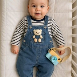 Бебешки дънков гащеризон с блуза и играчка Мече