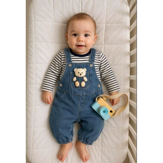 Бебешки дънков гащеризон с блуза и играчка мече