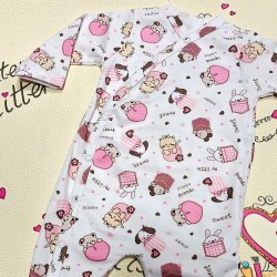 Бебешки памучен гащеризон в бяло с розови сърчица и мечета