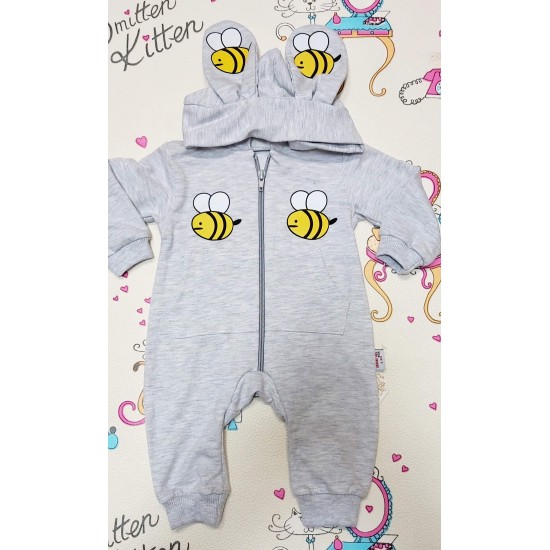 Бебешки гащеризон с качулка в сиво ПЧЕЛИЧКИ