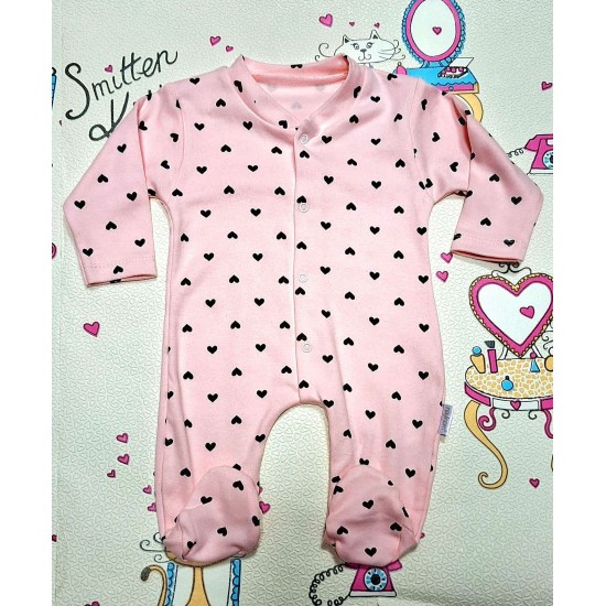 Бебешки памучен гащеризон в  розово със сърчица