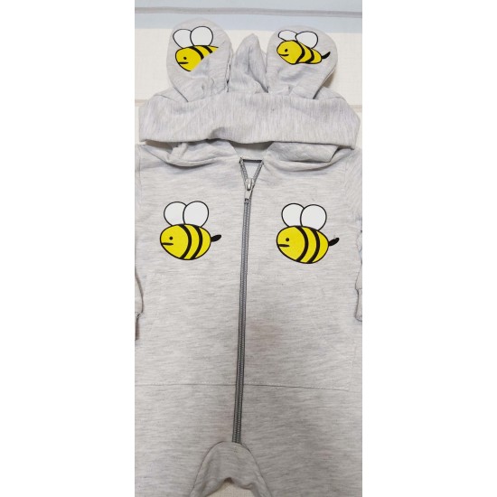 Бебешки гащеризон с качулка в сиво ПЧЕЛИЧКИ