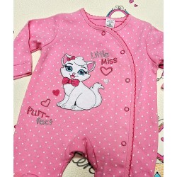 Бебешки гащеризон в розово на бели сърчица  с котенце