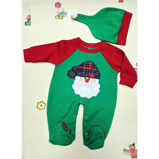 Бебешки Коледен гащеризон в зелено с шапка Дядо Коледа