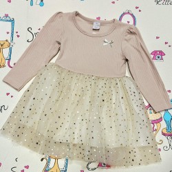 Коледна детска рокля в бежово с тюл и златни звездички Коледна детска рокля в бежово с тюл и златни звездички