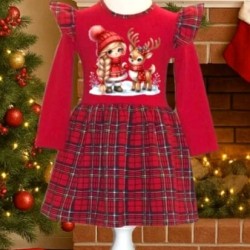 Коледна детска рокля в червено каре Момиченце с еленче