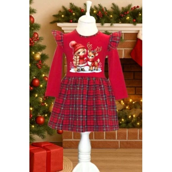 Коледна детска рокля в червено каре Момиченце с еленче Коледна детска рокля в червено каре Момиченце с еленче