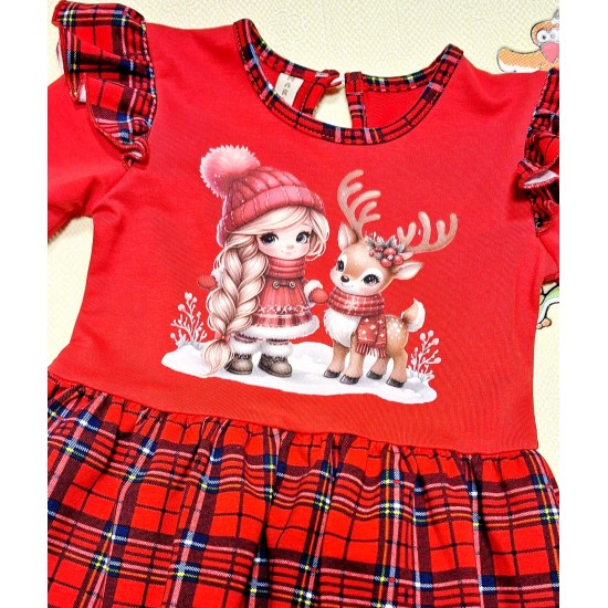 Коледна детска рокля в червено каре Момиченце с еленче Коледна детска рокля в червено каре Момиченце с еленче