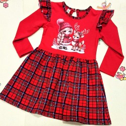 Коледна детска рокля в червено каре Момиченце с еленче Коледна детска рокля в червено каре Момиченце с еленче