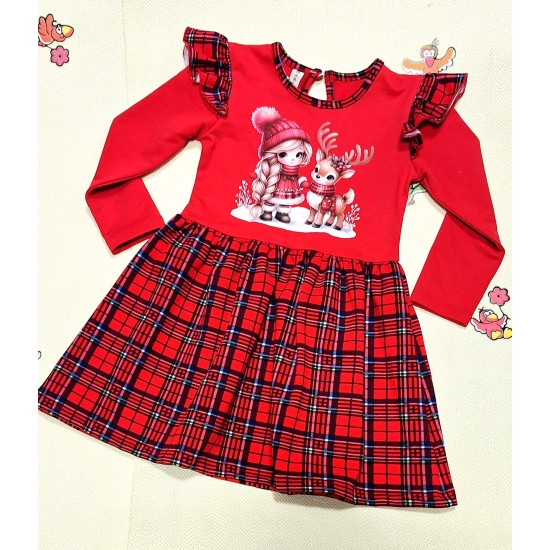 Коледна детска рокля в червено каре Момиченце с еленче Коледна детска рокля в червено каре Момиченце с еленче