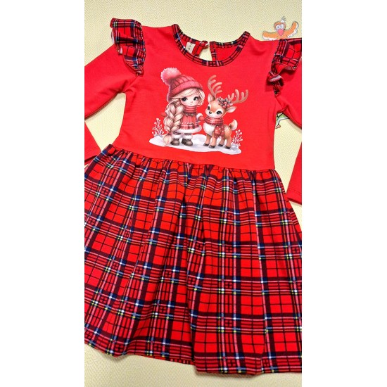 Коледна детска рокля в червено каре Момиченце с еленче Коледна детска рокля в червено каре Момиченце с еленче