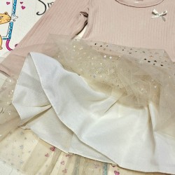 Коледна детска рокля в бежово с тюл и златни звездички Коледна детска рокля в бежово с тюл и златни звездички