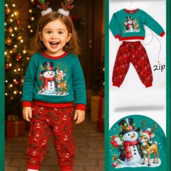 Коледен детски комплект в зелено и червено СНЕЖКО С ШАПКА