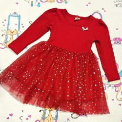 Коледна детска рокля в червено с тюл и златни звездички Коледна детска рокля в червено с тюл и златни звездички
