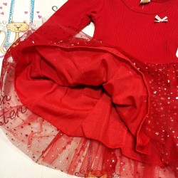 Коледна детска рокля в червено с тюл и златни звездички Коледна детска рокля в червено с тюл и златни звездички