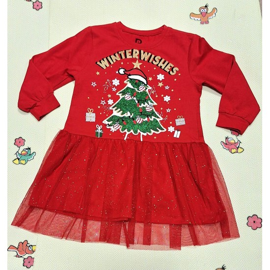 Коледна детска рокля в червено с тюл ЕЛХИЧКА Коледна детска рокля в червено с тюл ЕЛХИЧКА