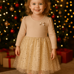 Коледна детска рокля в бежово с тюл и златни звездички Коледна детска рокля в бежово с тюл и златни звездички