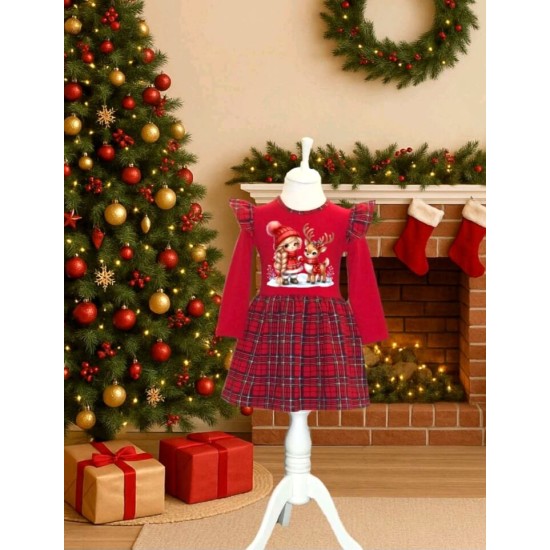 Коледна детска рокля в червено каре Момиченце с еленче Коледна детска рокля в червено каре Момиченце с еленче