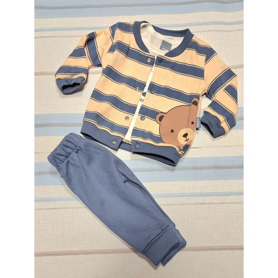 Бебешки комплект в бежово и синьо със суитчър МЕЧКО
