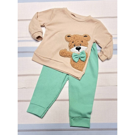Детски комплект в бежово и зелено Мечо с папийонка