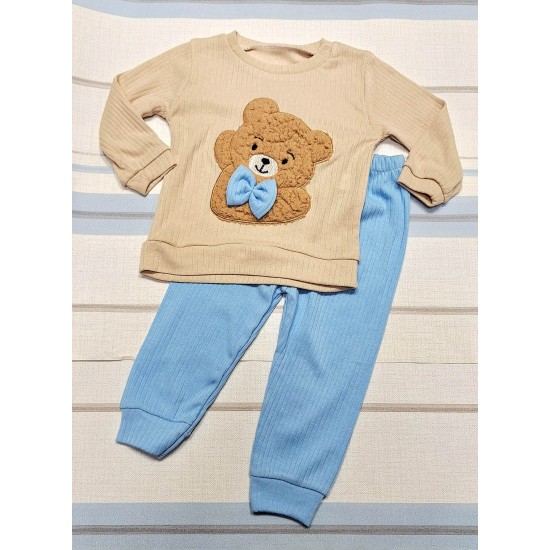 Детски комплект в бежово и светло синьо Мечо с папийонка