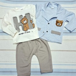 Бебешки комплект със сако в синьо и сиво с мече