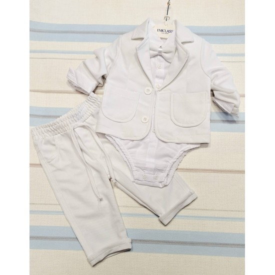 Бебешки официален костюм в бяло със сако и папийонка
