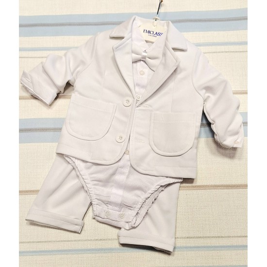 Бебешки официален костюм в бяло със сако и папийонка