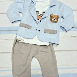Бебешки комплект със сако в синьо и сиво с мече