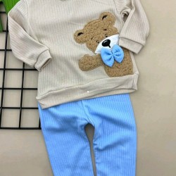 Детски комплект в бежово и светло синьо Мечо с папийонка