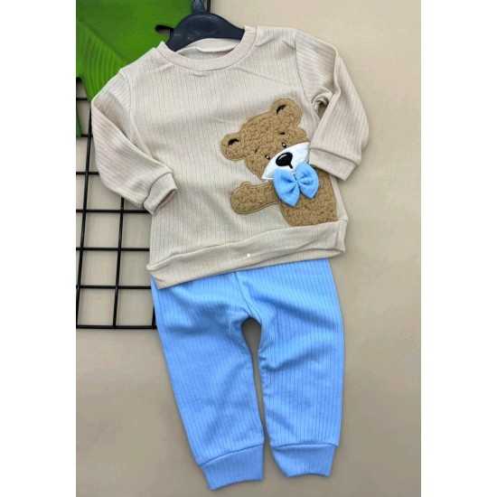 Детски комплект в бежово и светло синьо Мечо с папийонка