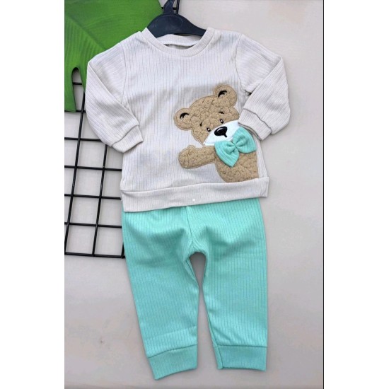 Детски комплект в бежово и зелено Мечо с папийонка