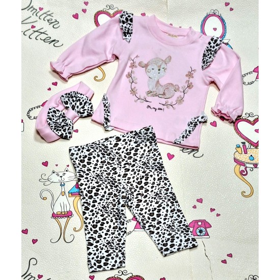 Бебешки комплект с розова блуза,клин и лента за коса  Сърничка