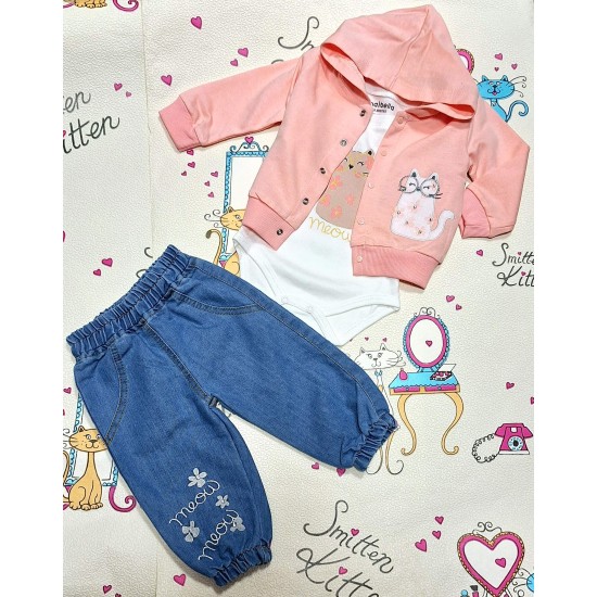 Бебешки памучен комплект с дънки и суитчър МЯУ Бебешки памучен комплект с дънки и суитчър МЯУ