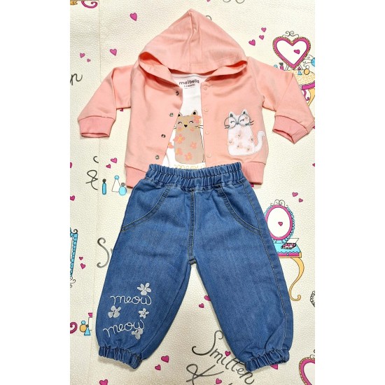 Бебешки памучен комплект с дънки и суитчър МЯУ Бебешки памучен комплект с дънки и суитчър МЯУ