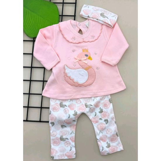 Бебешки комплект в прасковено розово с розички и лента за коса ЛЕБЕД
