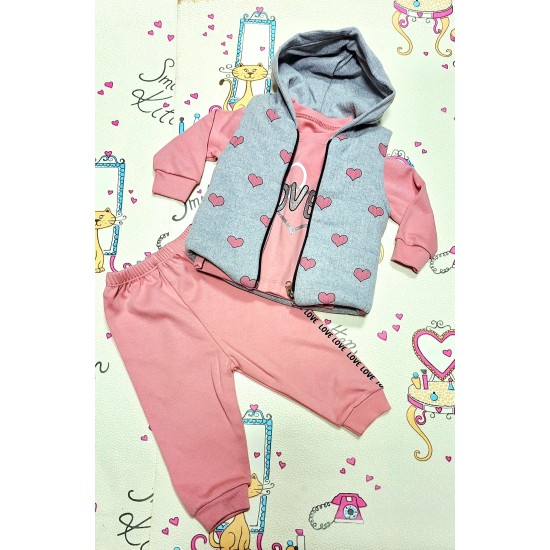 Детски комплект с елек в сиво и розово СЪРЧИЦА