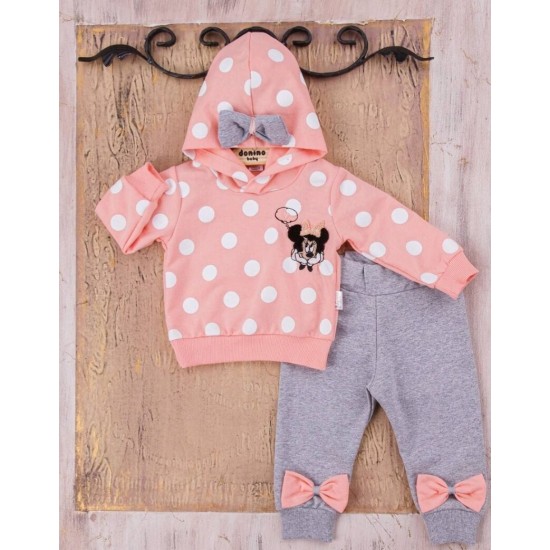 Бебешки комплект в сиво и корал с качулка МИНИ МАУС Бебешки комплект в сиво и корал с качулка МИНИ МАУС
