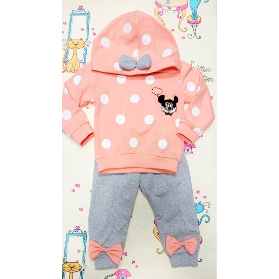 Бебешки комплект в сиво и корал с качулка МИНИ МАУС Бебешки комплект в сиво и корал с качулка МИНИ МАУС