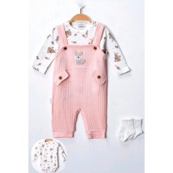 Бебешки комплект с боди,гащеризон и чорапки в светло розово ЗАЙЧЕТА