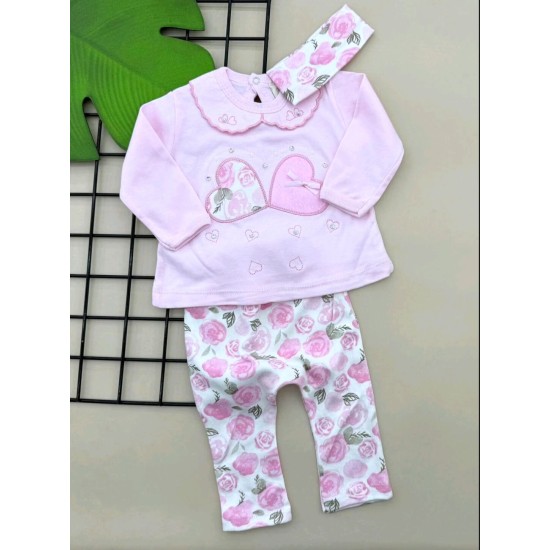 Бебешки комплект в светло розово с розички и лента за коса